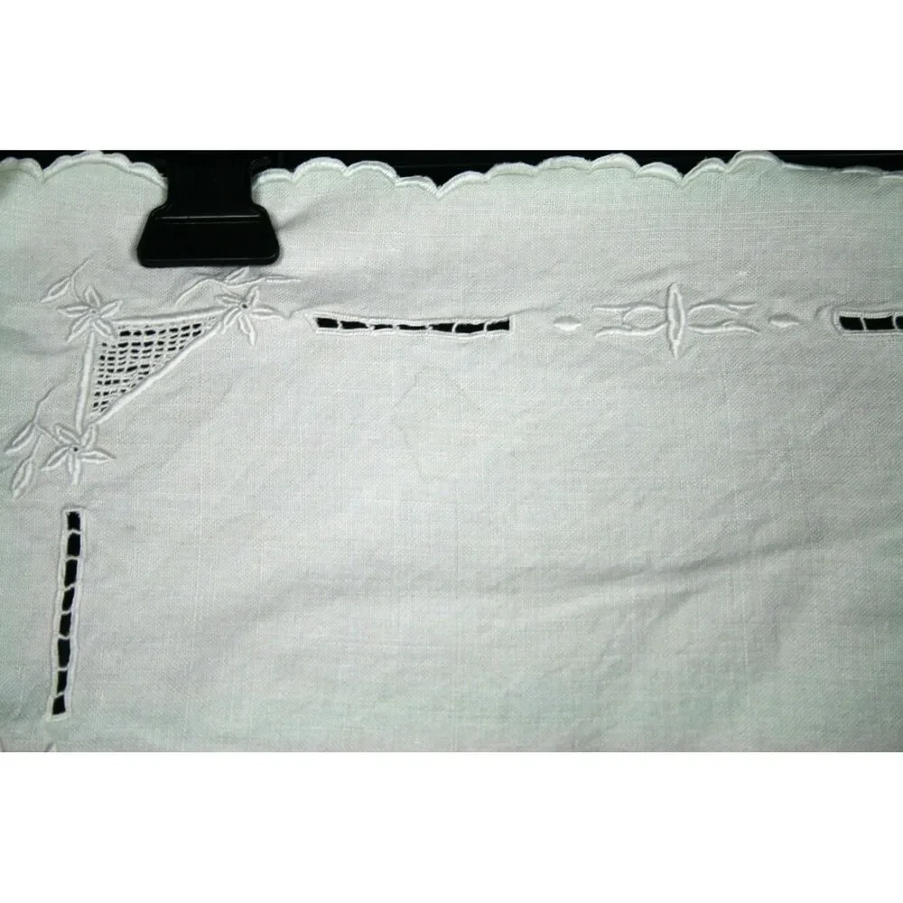Vintage White Linen Embroidered Placemats Scalloped Edge Cutwork Set of 2